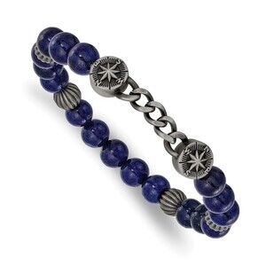 Steel Antiqued Bronze-PLT Compass 8.5mm Lapis Beaded 7.5in Stretch Bracelet
